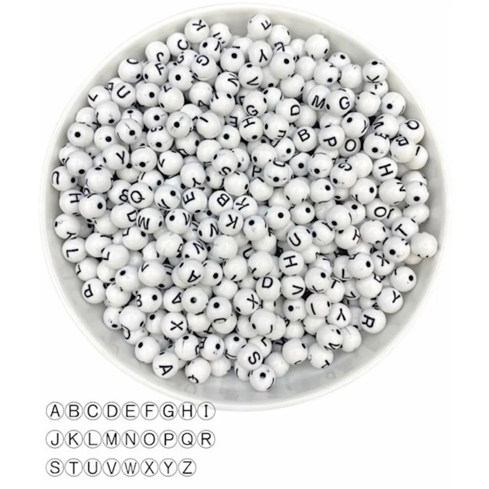 4x7mm Yuvarlak Beyaz Zemin Üzeri Siyah Top Harf Boncuk 50 Gr